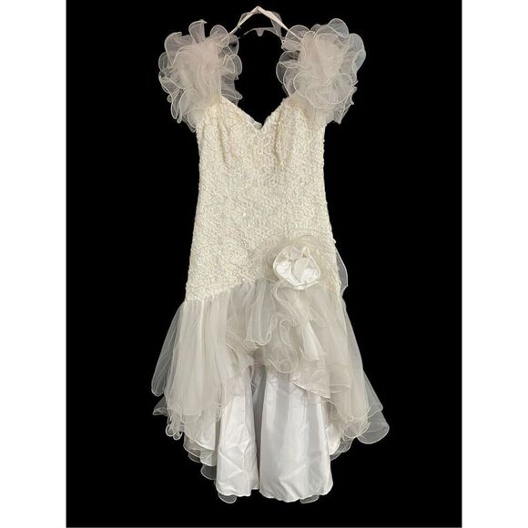 Vintage 1980s Flirtations White Prom Dress Drop Waist Sequin Puffy Sleeve Tulle - Picture 1 of 4